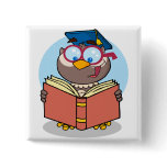 graduate owl reading a book cartoon pinback button