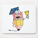 Graduate Pencil Cartoon Character Ringing A Bell mousepads