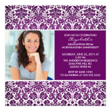 Graduation Invitation with Photo Purple Damask