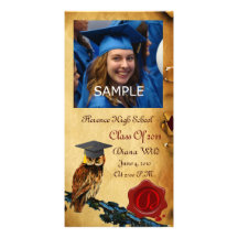 GRADUATION OWL RED BROWN WAX SEAL MONOGRAM CUSTOMIZED PHOTO CARD