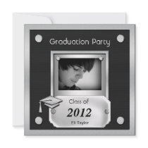 Graduation Party Black Silver Metal Look Custom Invites
