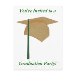 Graduation Party Invitations, Gold and Green Cap postcards