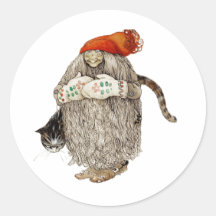 Grandma Christmas Tomten with Grey Cat Round Stickers