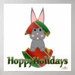 Gray Bunny Red Green Christmas Ornament Hoppy Holi Posters