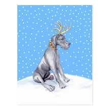 Great Dane Reindeer Christmas Blue UC Postcards