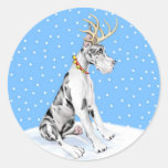 Great Dane Reindeer Christmas Harlequin Round Sticker