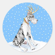 Great Dane Reindeer Christmas Harlequin Round Sticker
