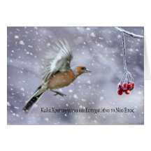 greek christmas card with chaffinch in flight to b