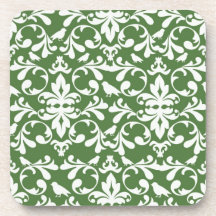 green and white bird damask pattern beverage coaster