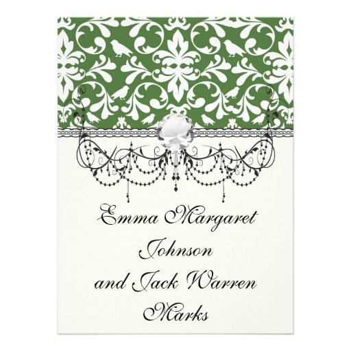 green and white bird damask pattern personalised announcements