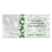 green and white bird damask pattern custom photo card