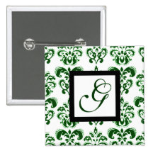 GREEN AND WHITE DAMASK SQUARE MONOGRAM BUTTON