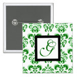 GREEN AND WHITE DAMASK SQUARE MONOGRAM BUTTONS