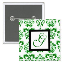 GREEN AND WHITE DAMASK SQUARE MONOGRAM BUTTONS