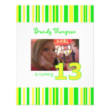 Green and Yellow Stripe 13th Birthday Invitation