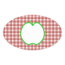 Green Apple with Red and White Check Pattern. Oval Sticker