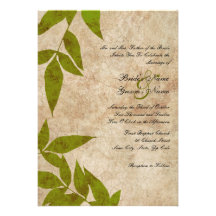 Green Autumn Leaves Vintage Wedding Invitations