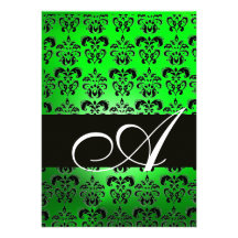 GREEN  BLACK  DAMASK MONOGRAM ,bright white Invitations