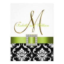 Green Black White Damask Initial Wedding Invite