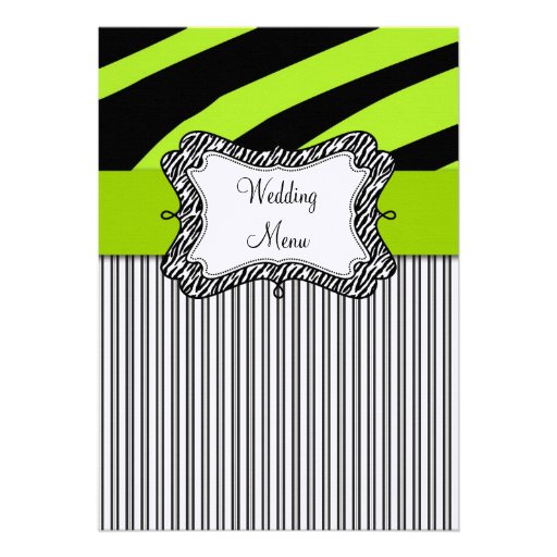 Green Black Zebra Stripes Wedding Menu Card Custom Announcement