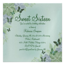 Green & Blue Shimmer Butterfly Sweet 16 Invite