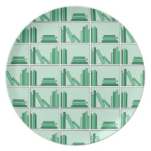 Green Books on Shelf. Dinner Plates