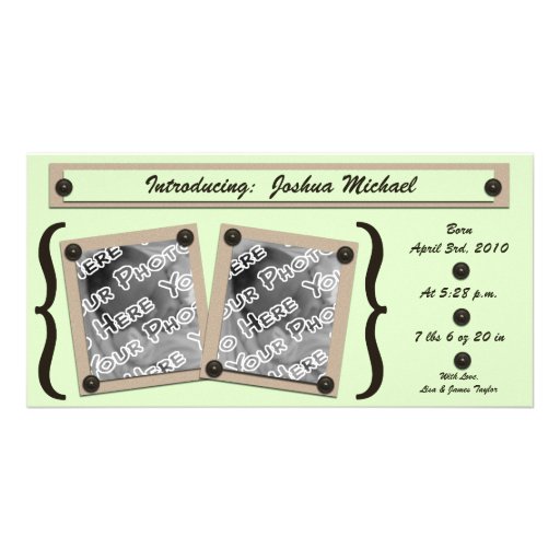 Green Buttons & Brackets Birth Announcement Photo Card Template