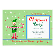 Green Christmas Party Candy Cane Elf Personalized Invites