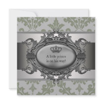 Green Damask Crown Little Prince Boy Baby Shower Personalized Invites