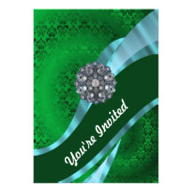 Green damask & crystal custom invite