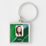 Green damask monogram photo template keychain