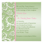 Green Damask with Pink Wedding Invitation