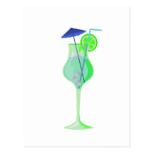 green drink glass w blue umbrella beach graphic.pn postcards