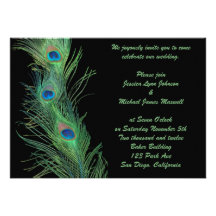 Green Feathers with Black Wedding Custom Invites