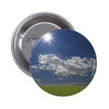 green filed, blue sky, white cloud pinback buttons