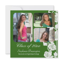 Green floral 3 photo graduation party announcement