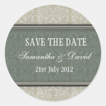 Green Grey Damask Monogram Wedding Sticker