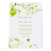 Green Hibiscus Swirl & Swallows Wedding Invite