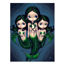 "Green Mermaid Triplets" Postcard
