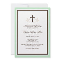 Green neutral baptism/christening invitations