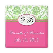 Green Pink Monogram Damask Wedding Magnet