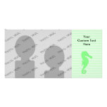 Green Seahorse on Light Green Stripes. Customized Photo Card