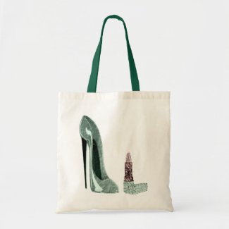 Green Stiletto Shoe and Lipstick Art Canvas Bags