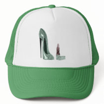 Green Stiletto Shoe and Lipstick Art Mesh Hats