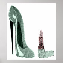 Green Stiletto Shoe and Lipstick Art Poster