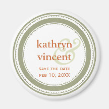 Green tan medallion ampersand circle save the date fridge magnets