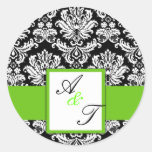 Green Wedding Monogram Damask Seal Round Sticker