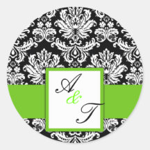 Green Wedding Monogram Damask Seal Round Sticker