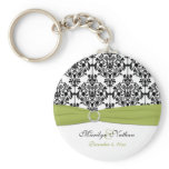 Green, White and Black Damask Keychain