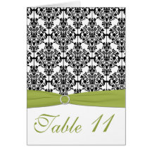 Green, White, and Black Damask Table Number Card